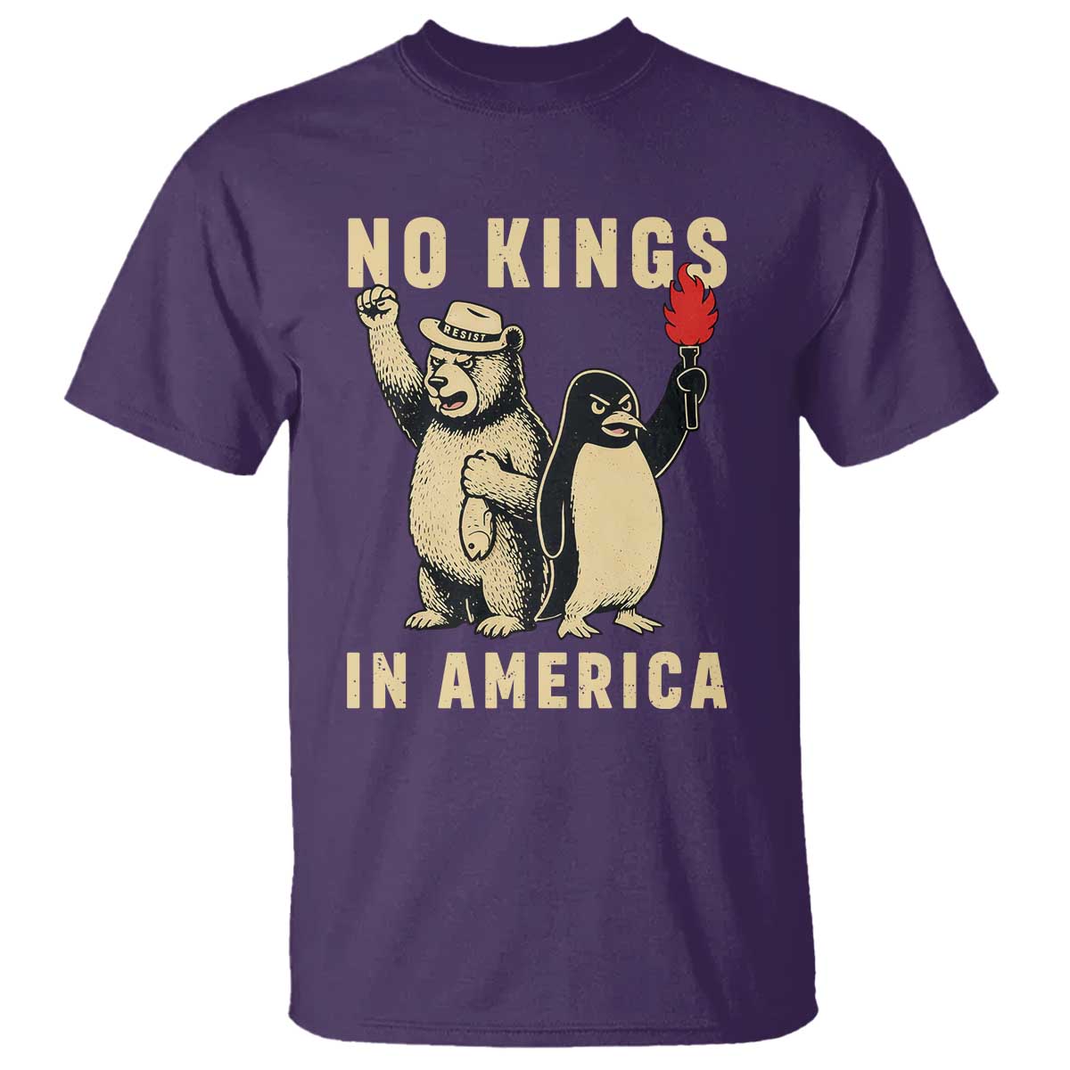 Funny Bear And Penguin Protest T Shirt No Kings In America