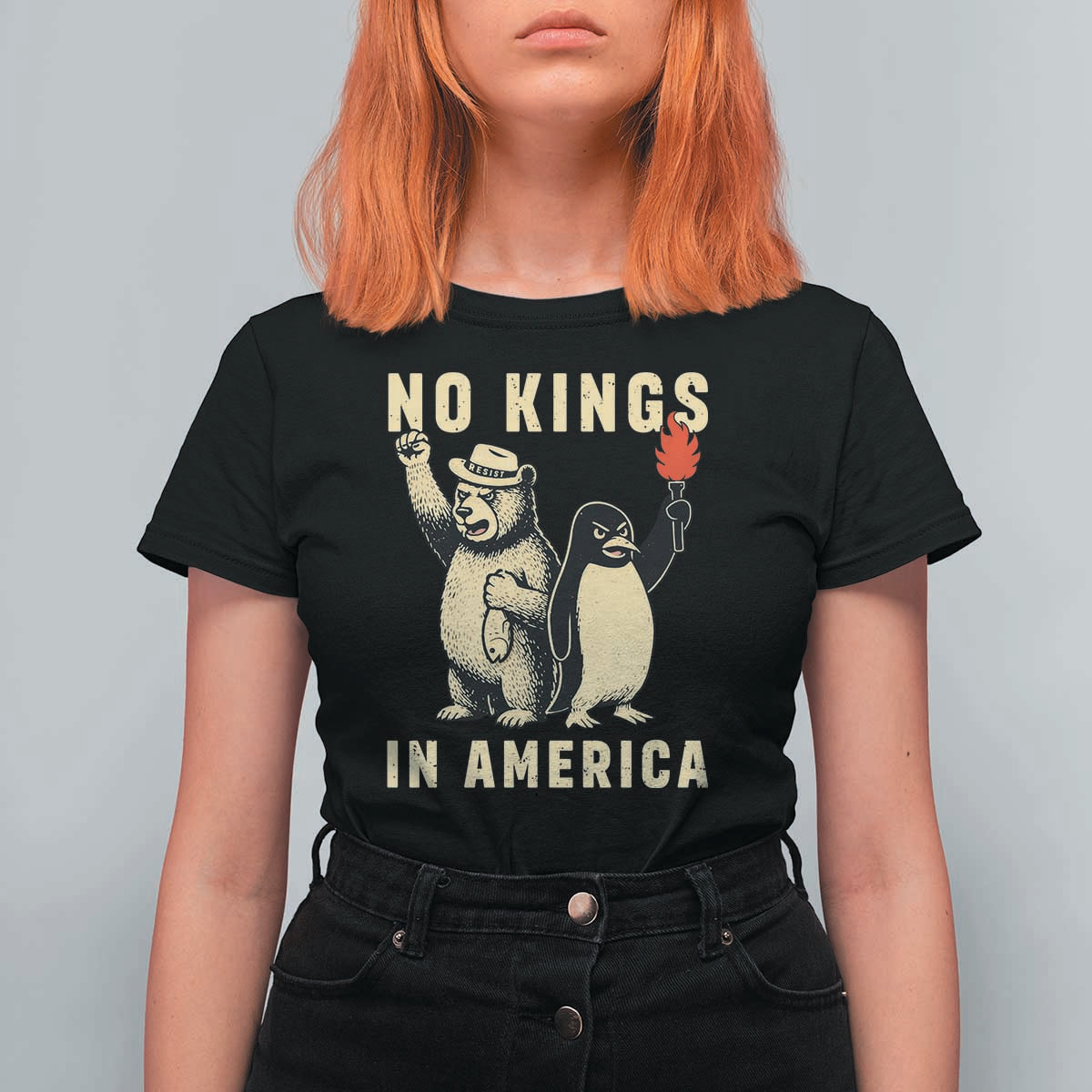 Funny Bear And Penguin Protest T Shirt For Women No Kings In America
