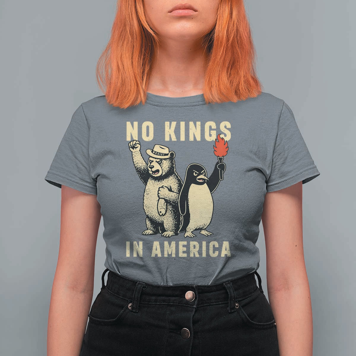 Funny Bear And Penguin Protest T Shirt For Women No Kings In America