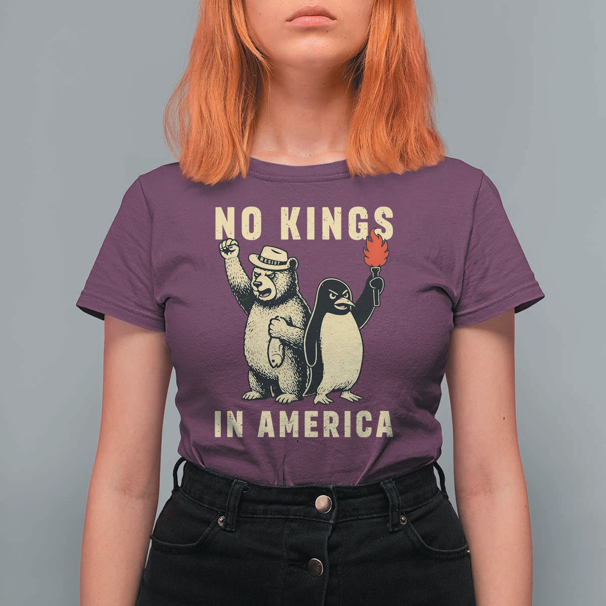 Funny Bear And Penguin Protest T Shirt For Women No Kings In America