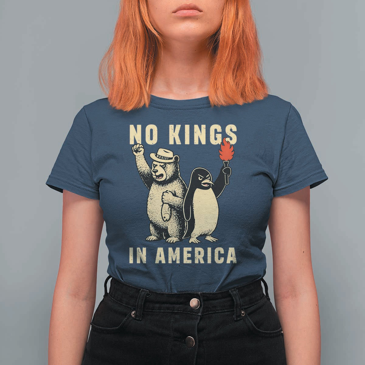 Funny Bear And Penguin Protest T Shirt For Women No Kings In America