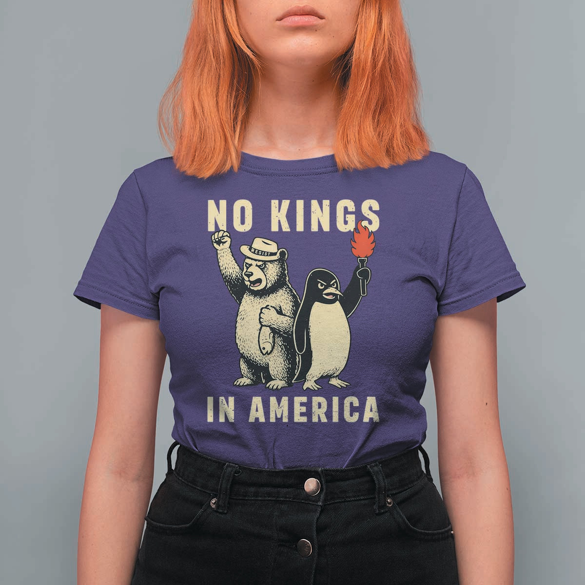 Funny Bear And Penguin Protest T Shirt For Women No Kings In America