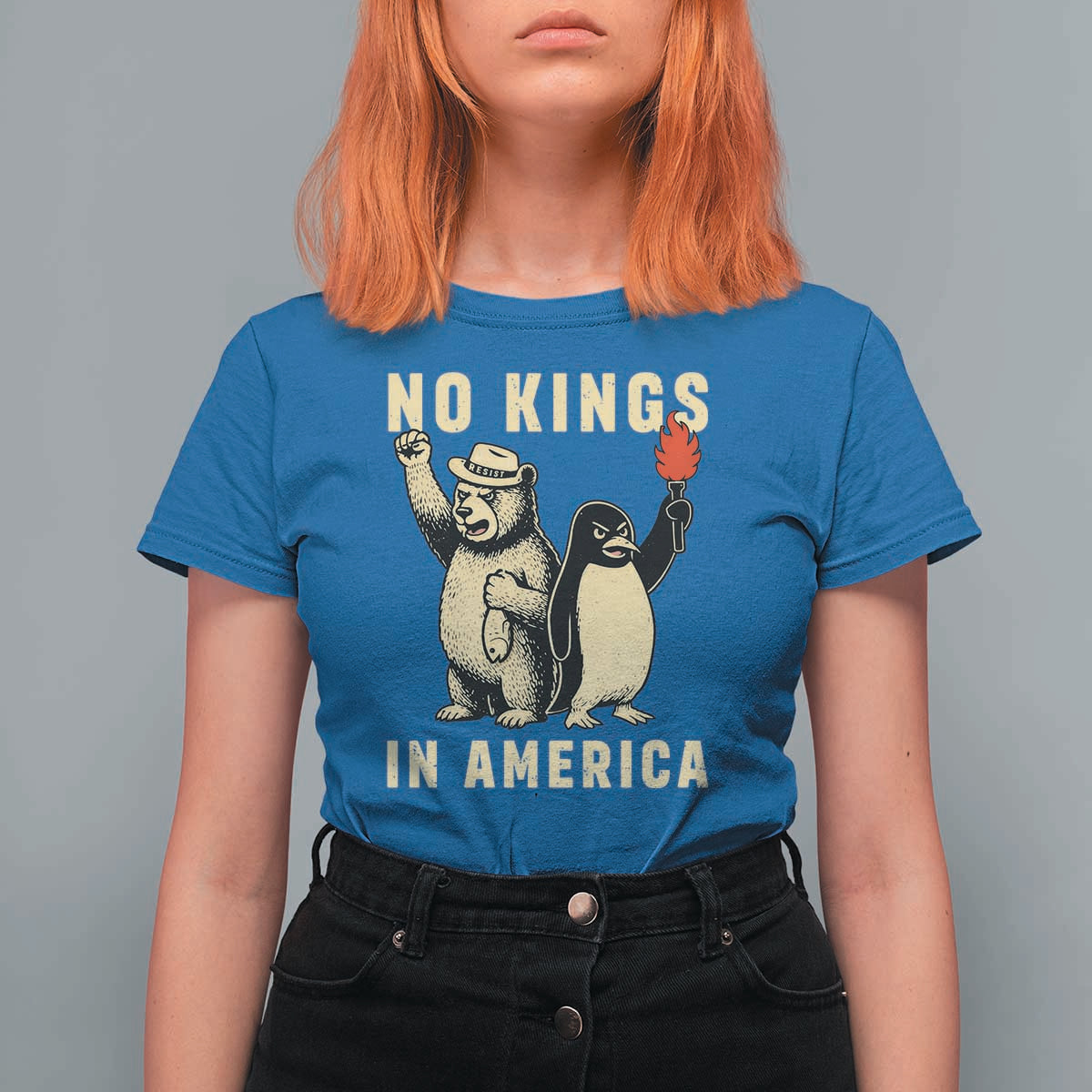 Funny Bear And Penguin Protest T Shirt For Women No Kings In America