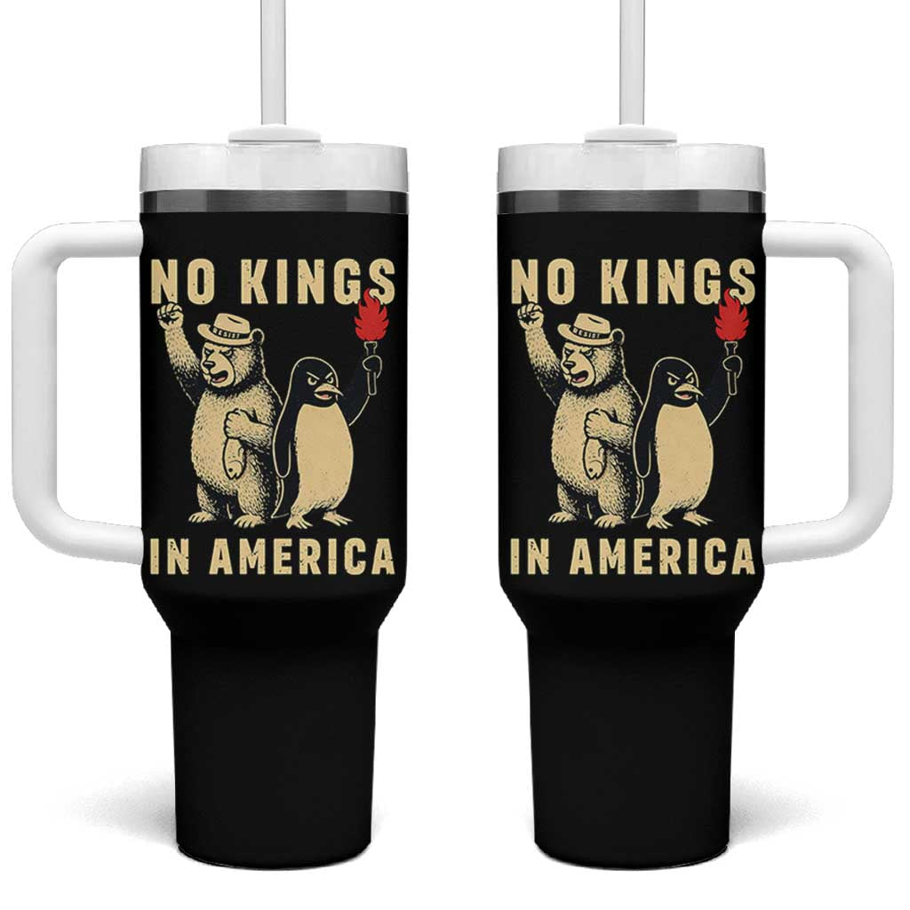 Funny Bear And Penguin Protest Tumbler With Handle No Kings In America