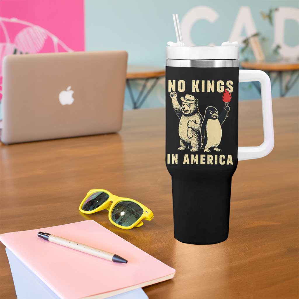 Funny Bear And Penguin Protest Tumbler With Handle No Kings In America