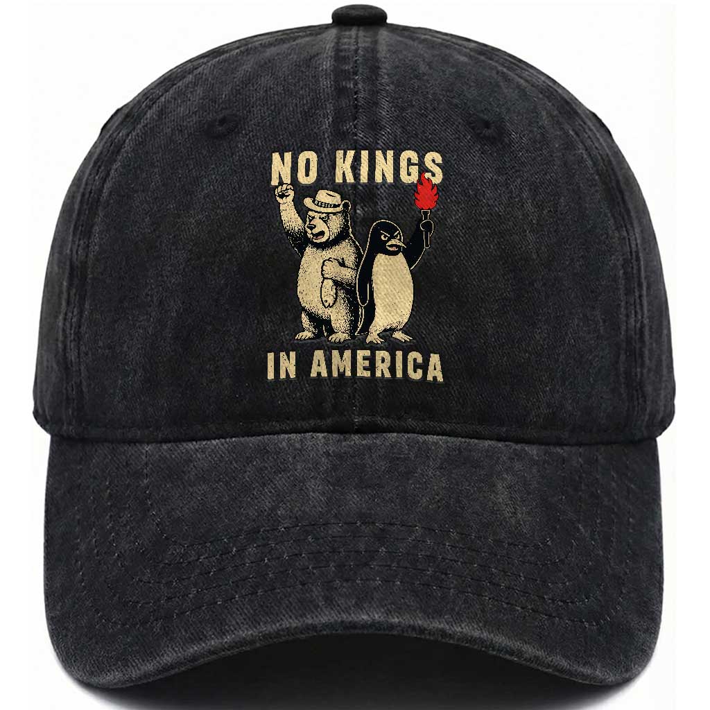 Funny Bear And Penguin Protest Washed Cotton Baseball Cap No Kings In America