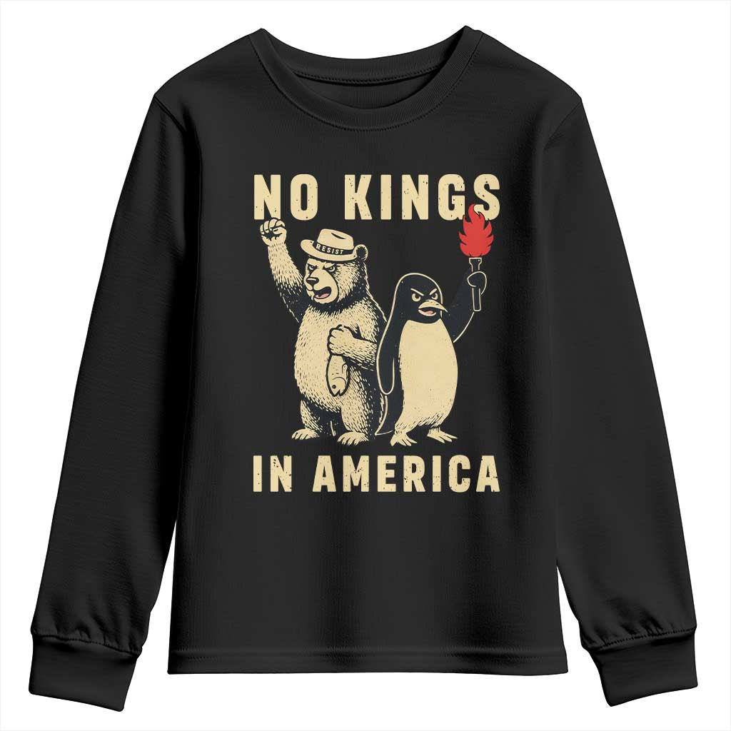 Funny Bear And Penguin Protest Youth Sweatshirt No Kings In America