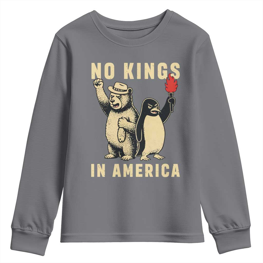 Funny Bear And Penguin Protest Youth Sweatshirt No Kings In America
