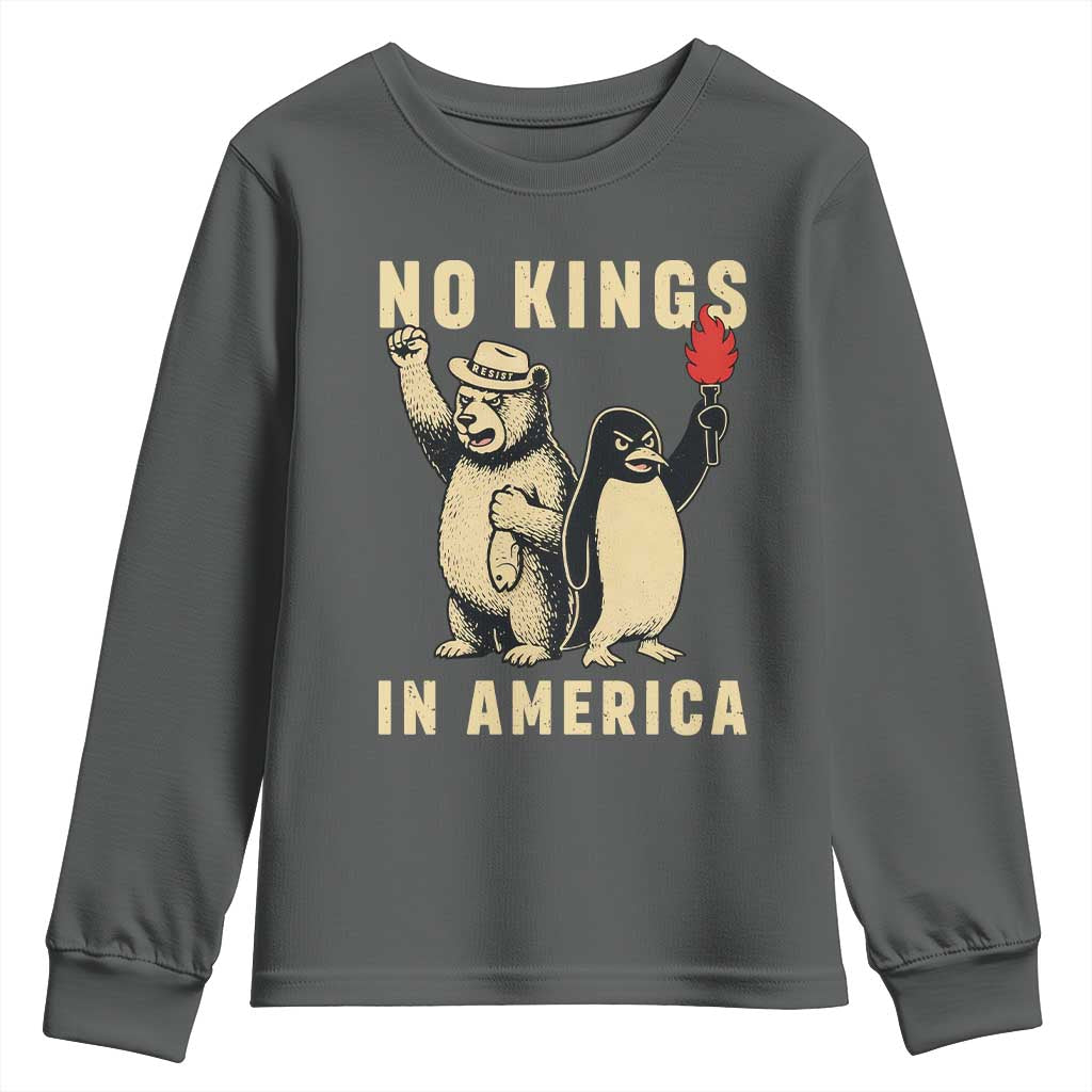 Funny Bear And Penguin Protest Youth Sweatshirt No Kings In America