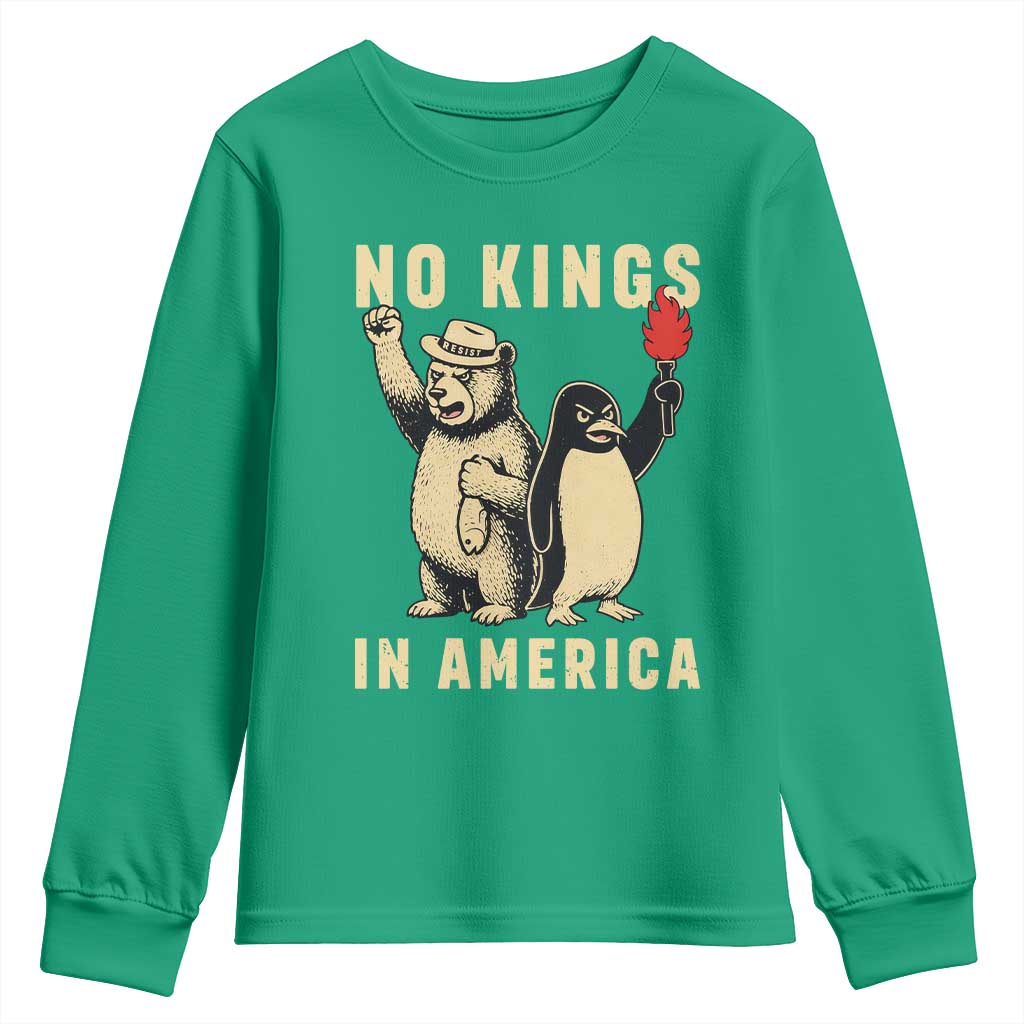 Funny Bear And Penguin Protest Youth Sweatshirt No Kings In America