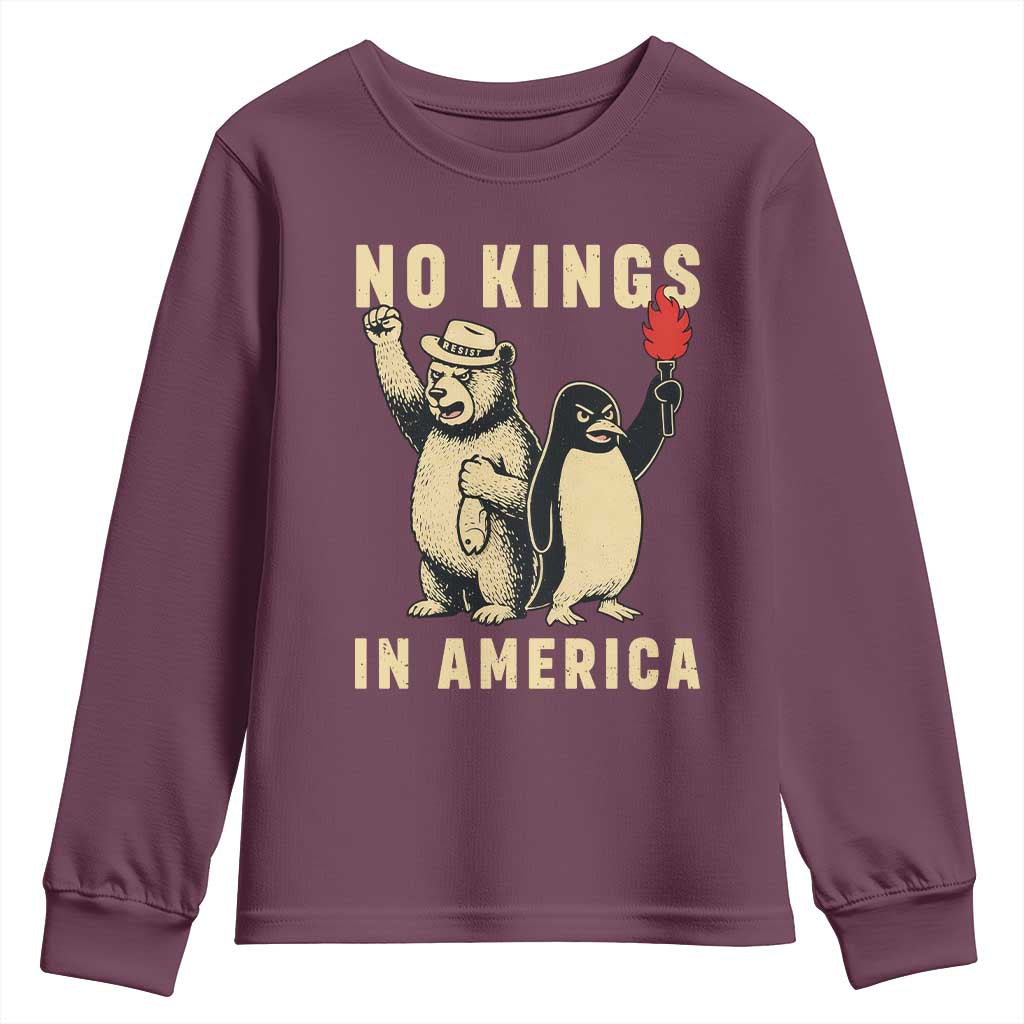 Funny Bear And Penguin Protest Youth Sweatshirt No Kings In America