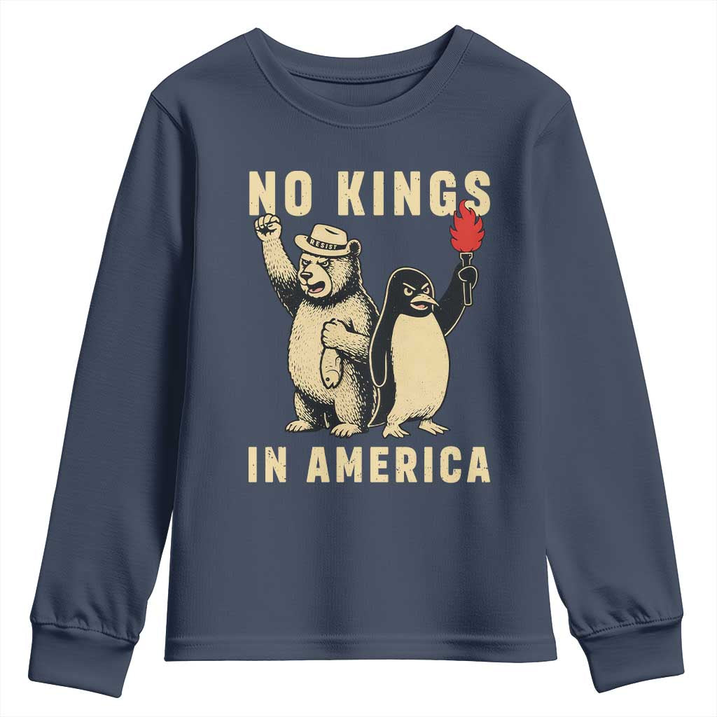 Funny Bear And Penguin Protest Youth Sweatshirt No Kings In America