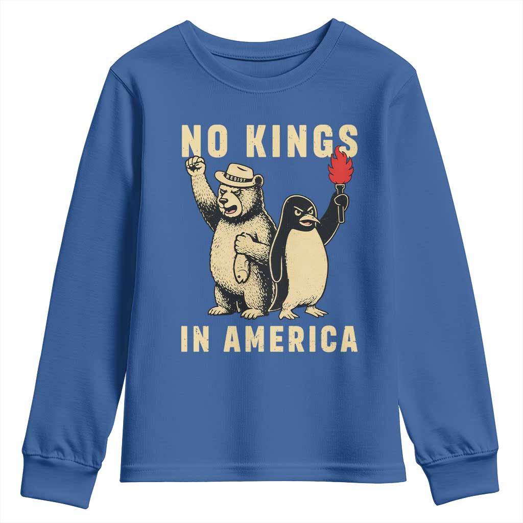 Funny Bear And Penguin Protest Youth Sweatshirt No Kings In America