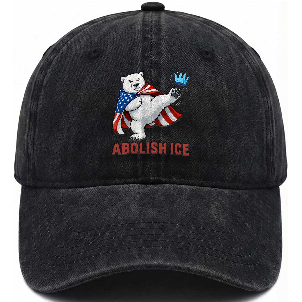 Abolish Ice Washed Cotton Baseball Cap Funny Polar Bear Kicking Crown
