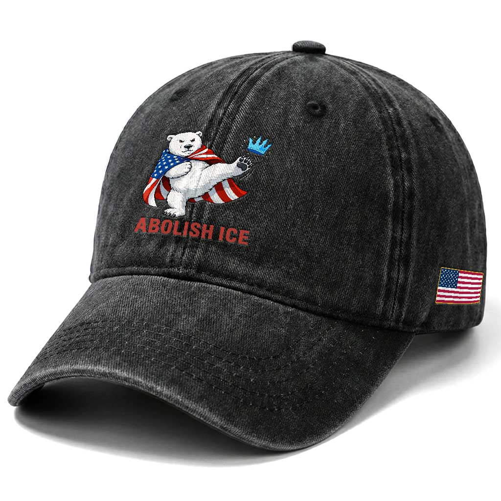 Abolish Ice Washed Cotton Baseball Cap Funny Polar Bear Kicking Crown