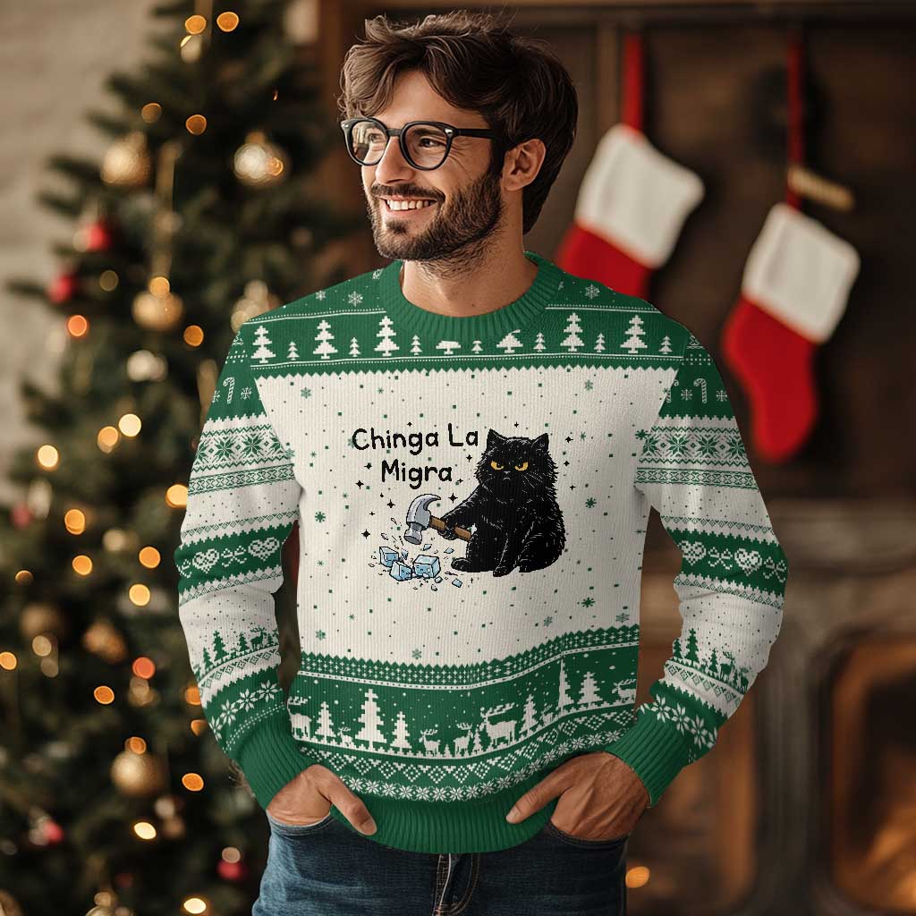 Chinga La Migra Ugly Christmas Sweater Funny Cat Immigration Support