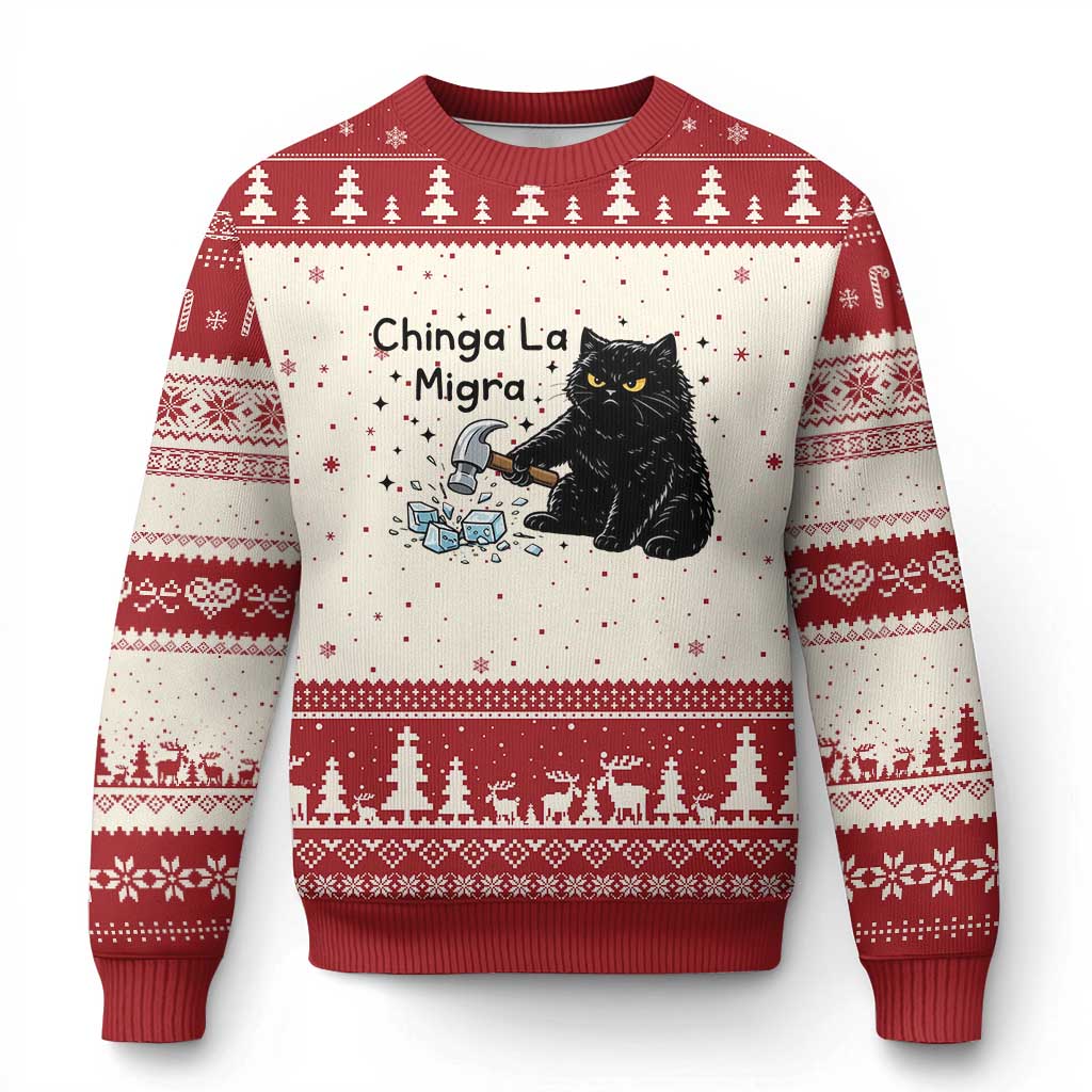 Chinga La Migra Ugly Christmas Sweater Funny Cat Immigration Support