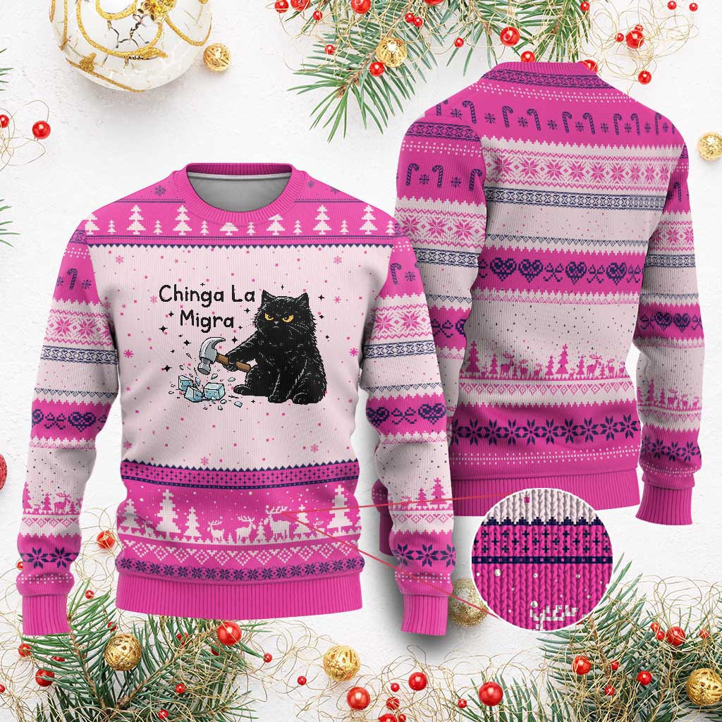 Chinga La Migra Ugly Christmas Sweater Funny Cat Immigration Support