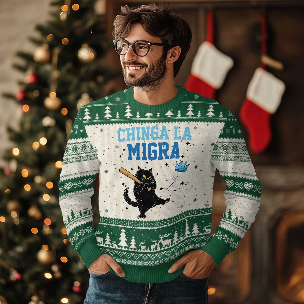 Chinga La Migra Ugly Christmas Sweater Funny Protest Cat Minneapolis Support Gift
