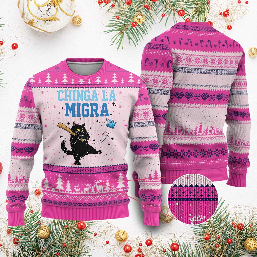 Chinga La Migra Ugly Christmas Sweater Funny Protest Cat Minneapolis Support Gift