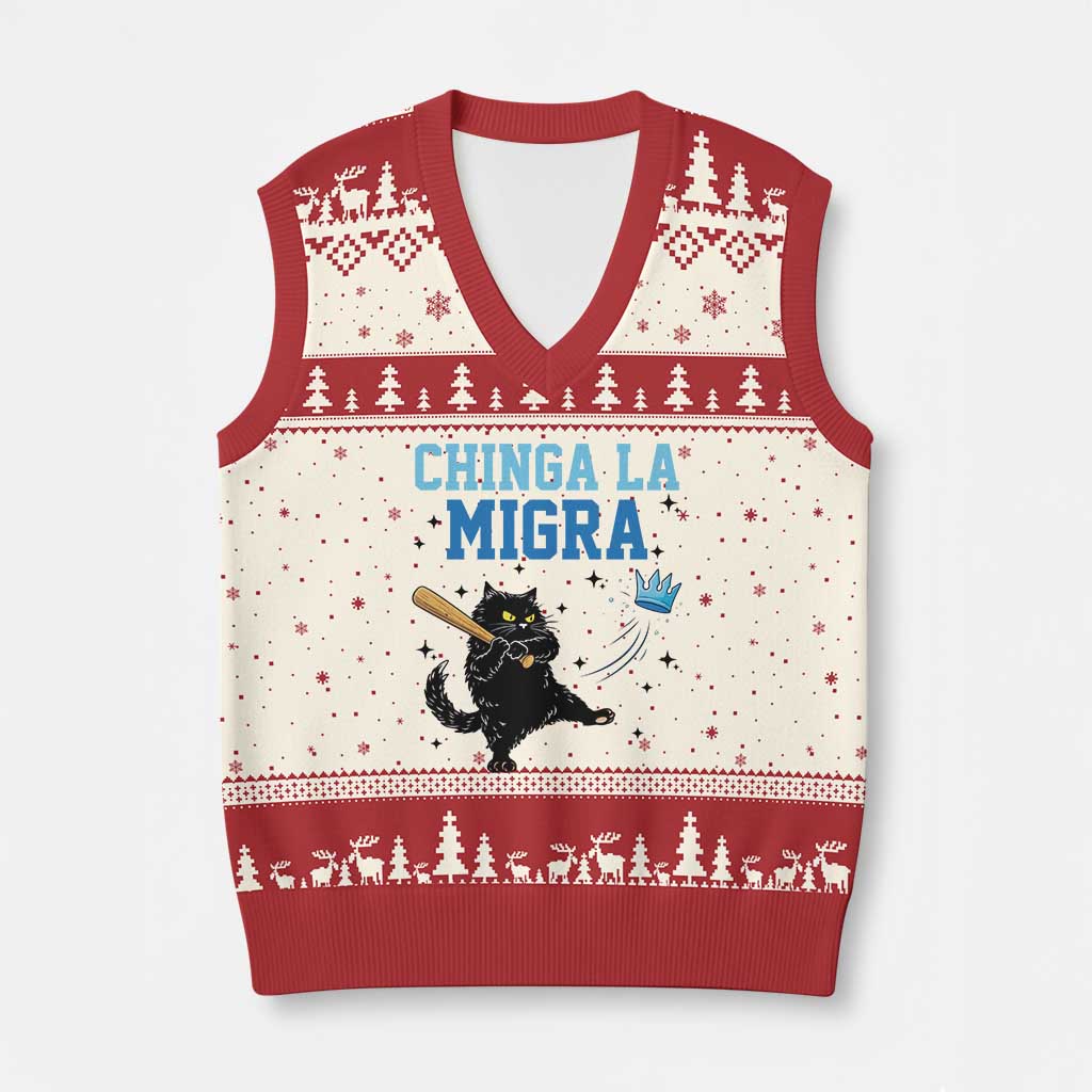 Chinga La Migra V-Neck Knit Sweater Vest Funny Protest Cat Minneapolis Support Gift