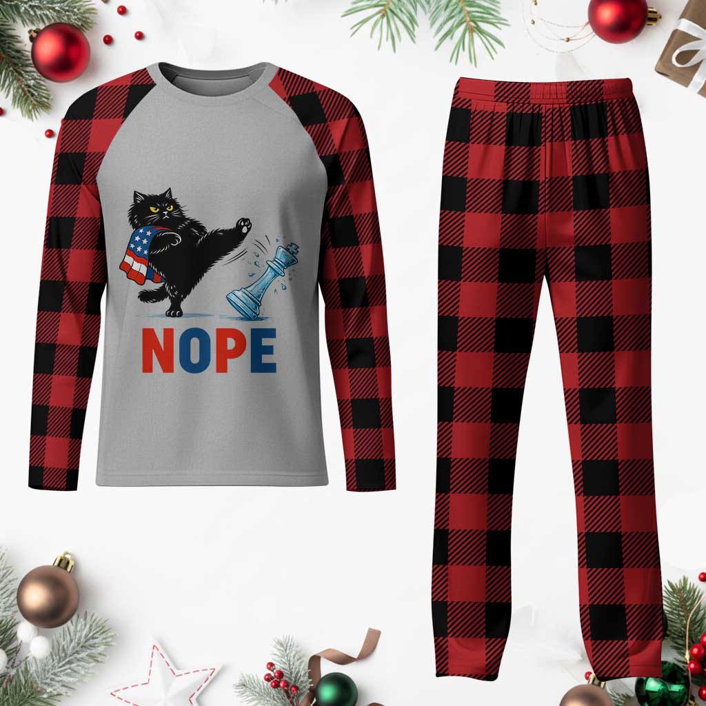 Funny Black Cat Kicks The Icy Chess Piece Nope Plaid Pajama Set