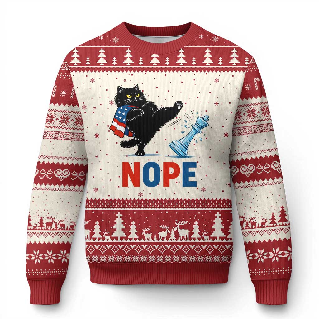 Funny Black Cat Kicks The Icy Chess Piece Nope Ugly Christmas Sweater