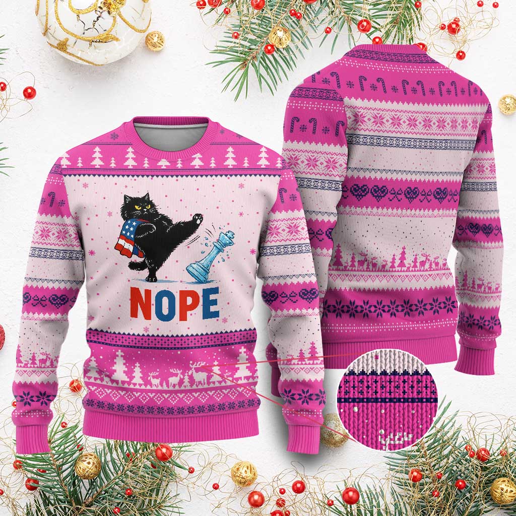 Funny Black Cat Kicks The Icy Chess Piece Nope Ugly Christmas Sweater