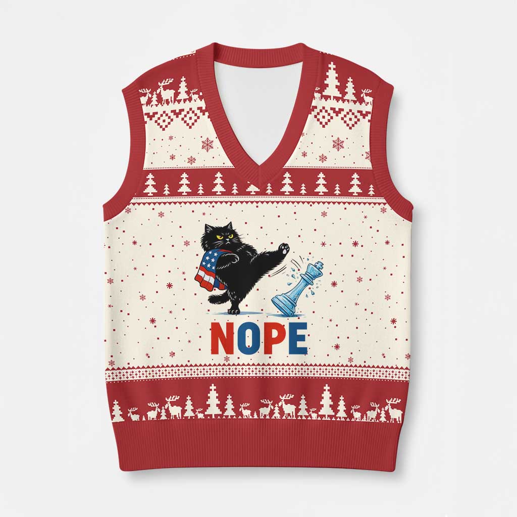 Funny Black Cat Kicks The Icy Chess Piece Nope V-Neck Knit Sweater Vest