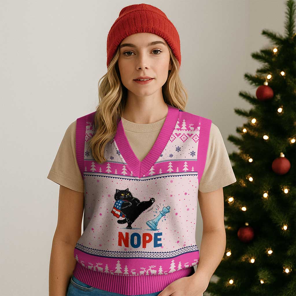 Funny Black Cat Kicks The Icy Chess Piece Nope V-Neck Knit Sweater Vest