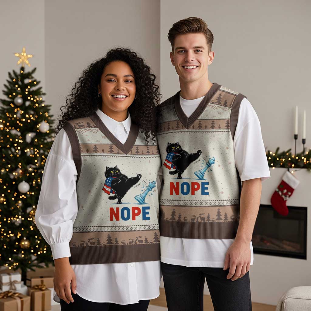 Funny Black Cat Kicks The Icy Chess Piece Nope V-Neck Knit Sweater Vest