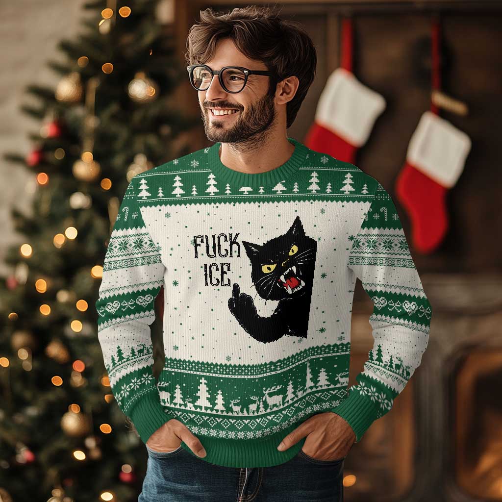 Funny Fck Ice Black Cat Ugly Christmas Sweater Resist Minneapolis Political