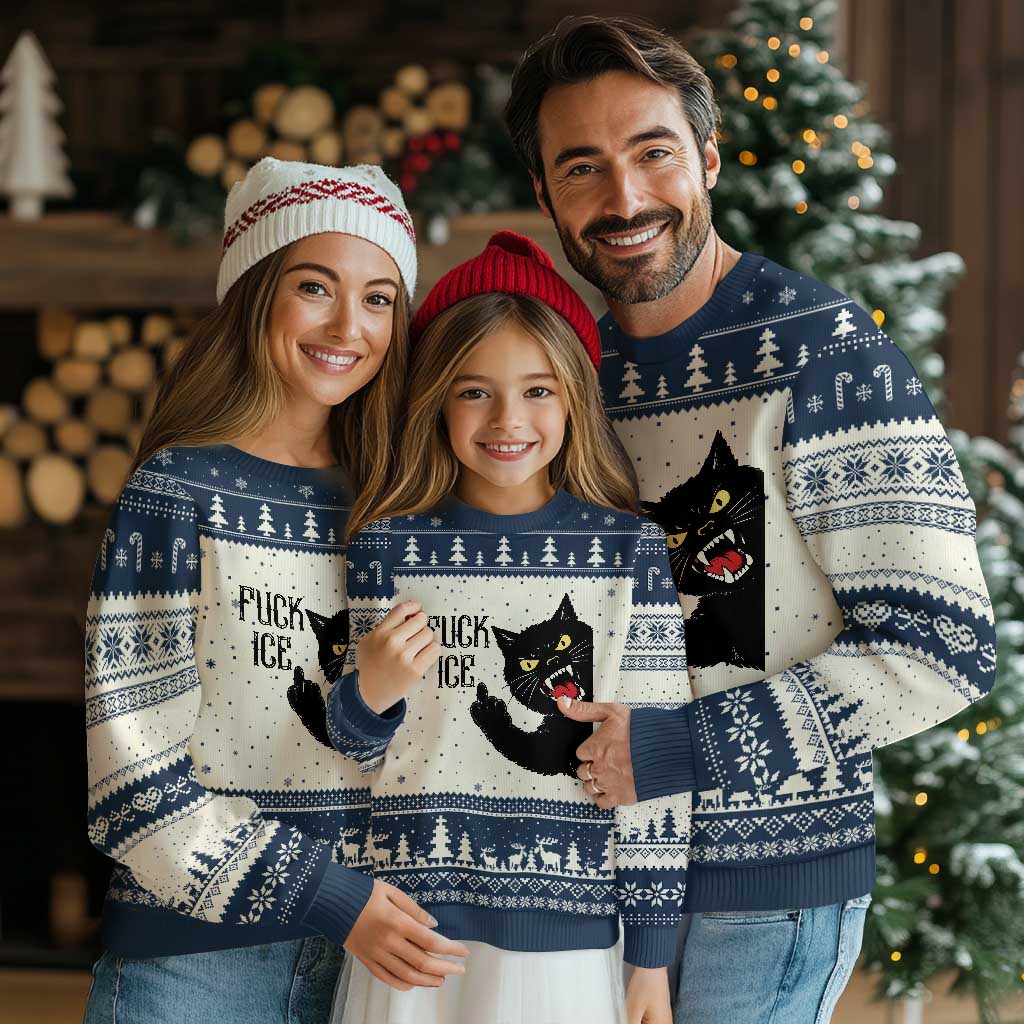 Funny Fck Ice Black Cat Ugly Christmas Sweater Resist Minneapolis Political