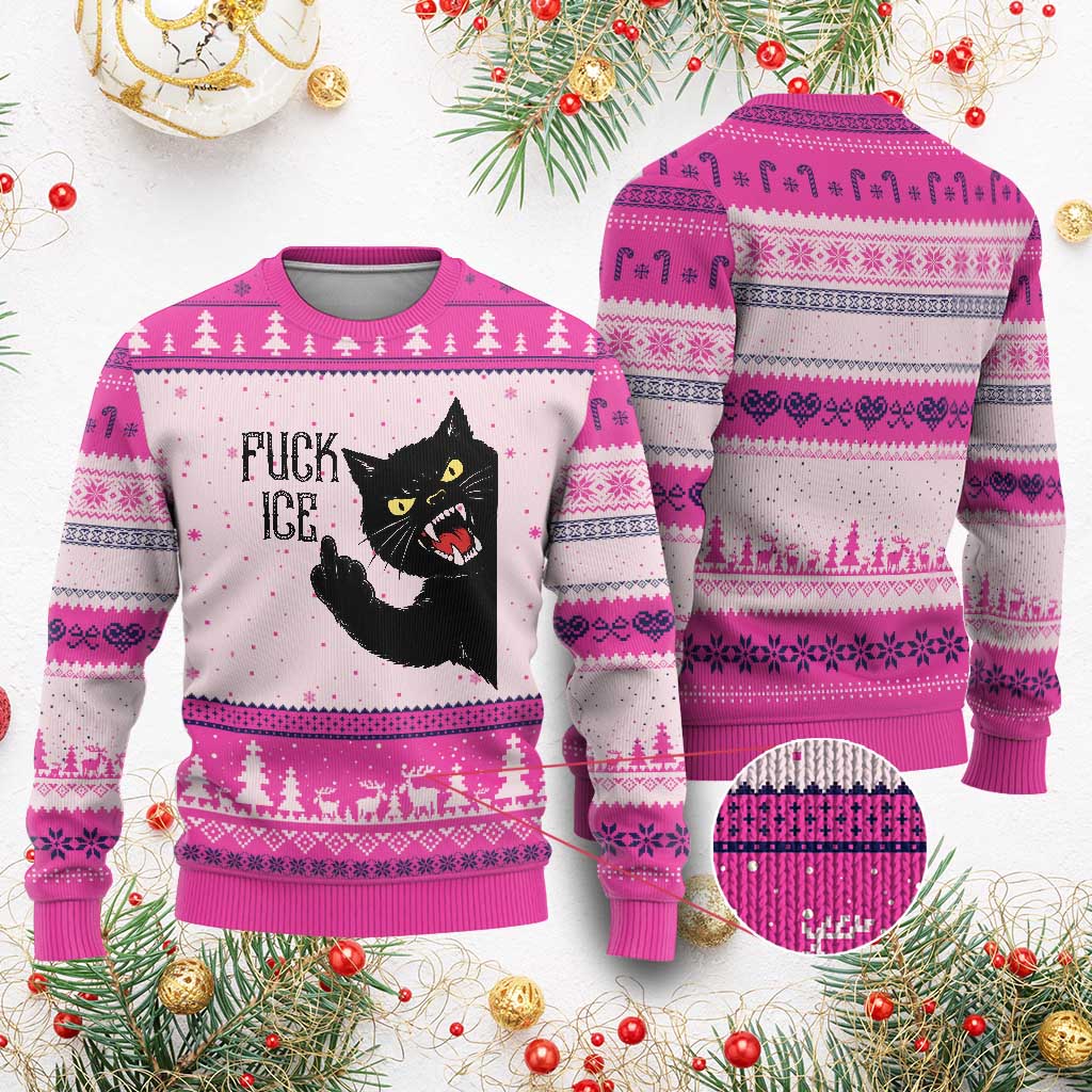 Funny Fck Ice Black Cat Ugly Christmas Sweater Resist Minneapolis Political
