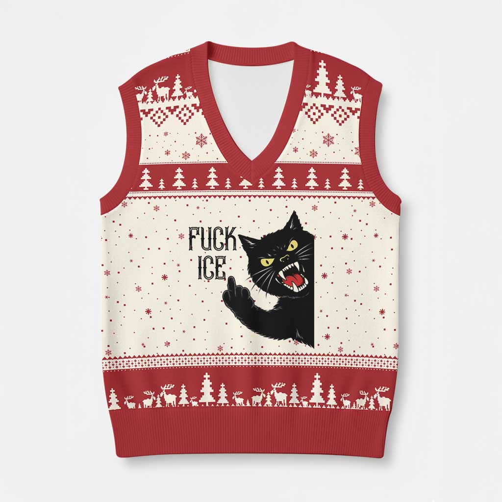 Funny Fck Ice Black Cat V-Neck Knit Sweater Vest Resist Minneapolis Political