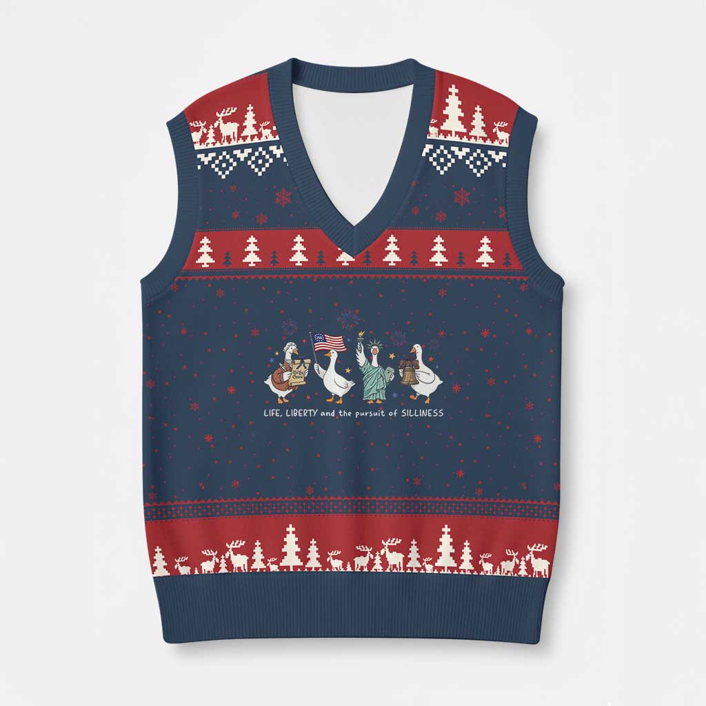 Funny Patriotic Goose Life Liberty Silliness V-Neck Knit Sweater Vest America 250th Anniversary