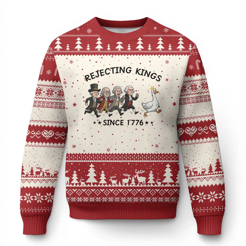 Rejecting Kings Since 1776 Ugly Christmas Sweater Funny Founding Fathers Chasing Royal Goose