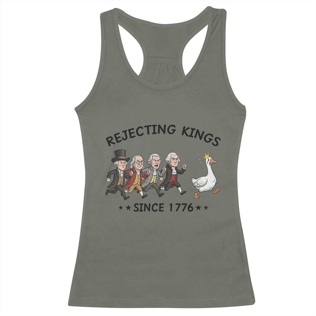 Rejecting Kings Since 1776 Racerback Tank Top Funny Founding Fathers Chasing Royal Goose