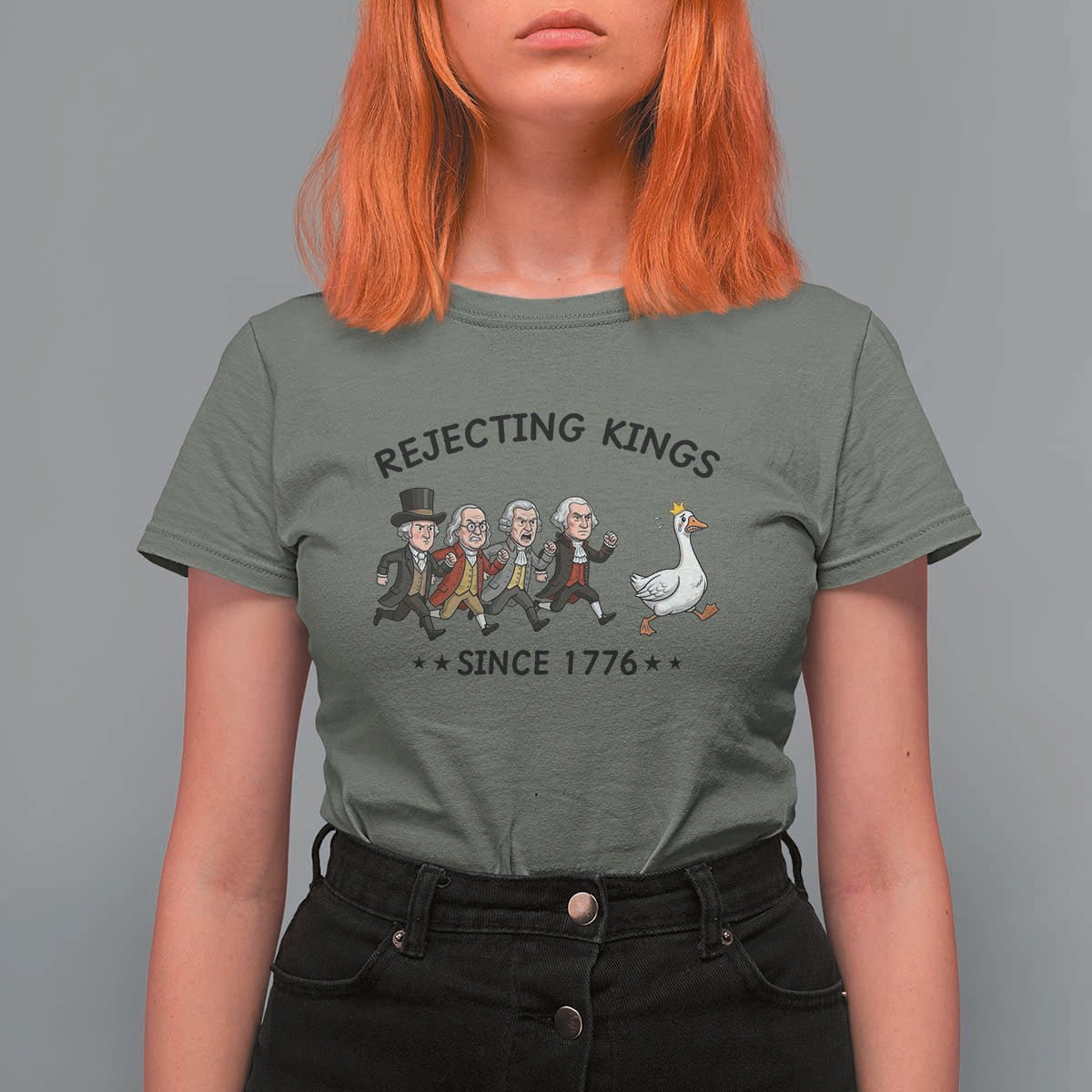 Rejecting Kings Since 1776 T Shirt For Women Funny Founding Fathers Chasing Royal Goose