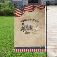 Rejecting Kings Since 1776 Garden Flag Funny Founding Fathers Chasing Royal Goose