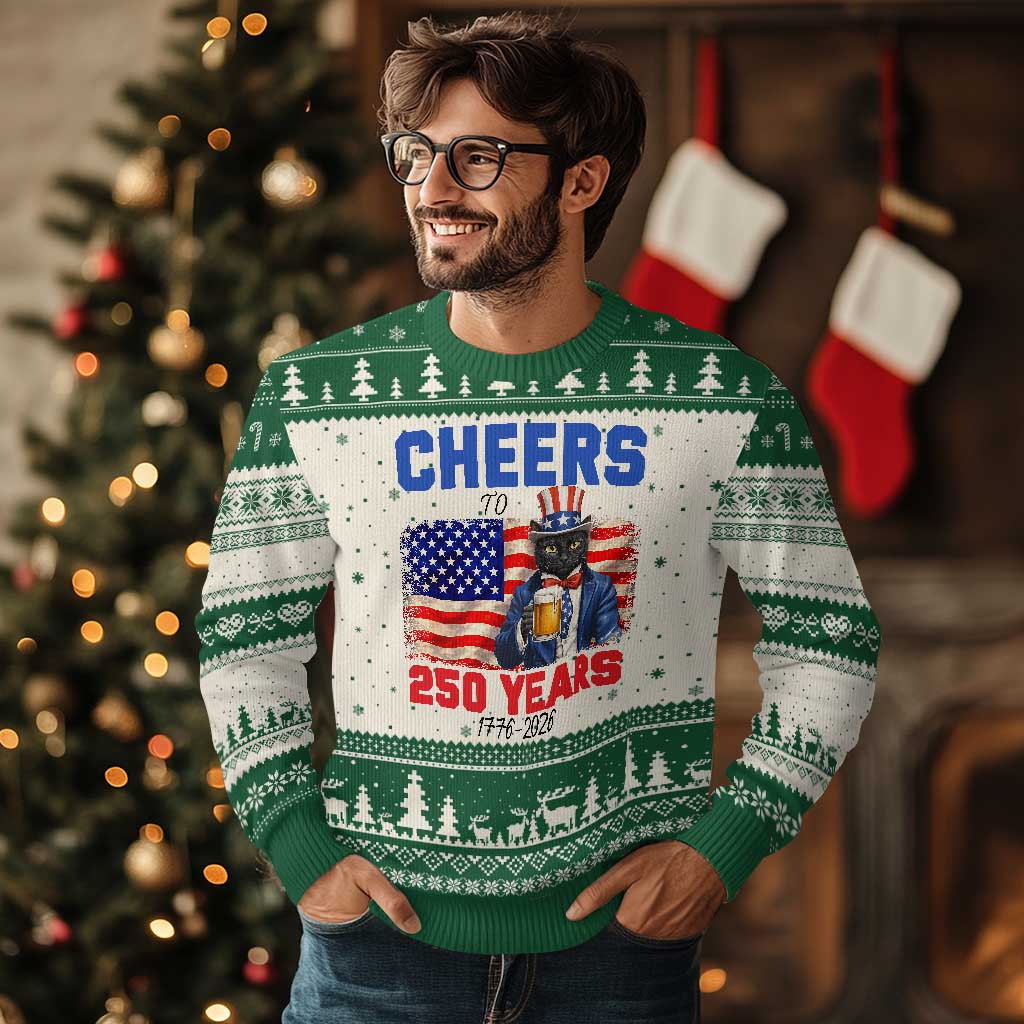 Vintage Cat Uncle Sam Ugly Christmas Sweater Cheers To 250 Years