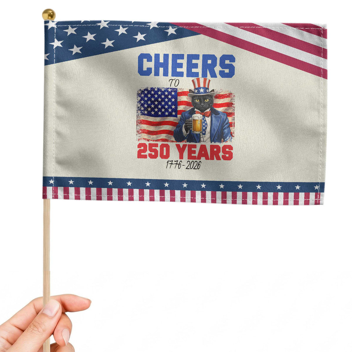 Vintage Cat Uncle Sam Patriotic Handheld Flag Cheers To 250 Years