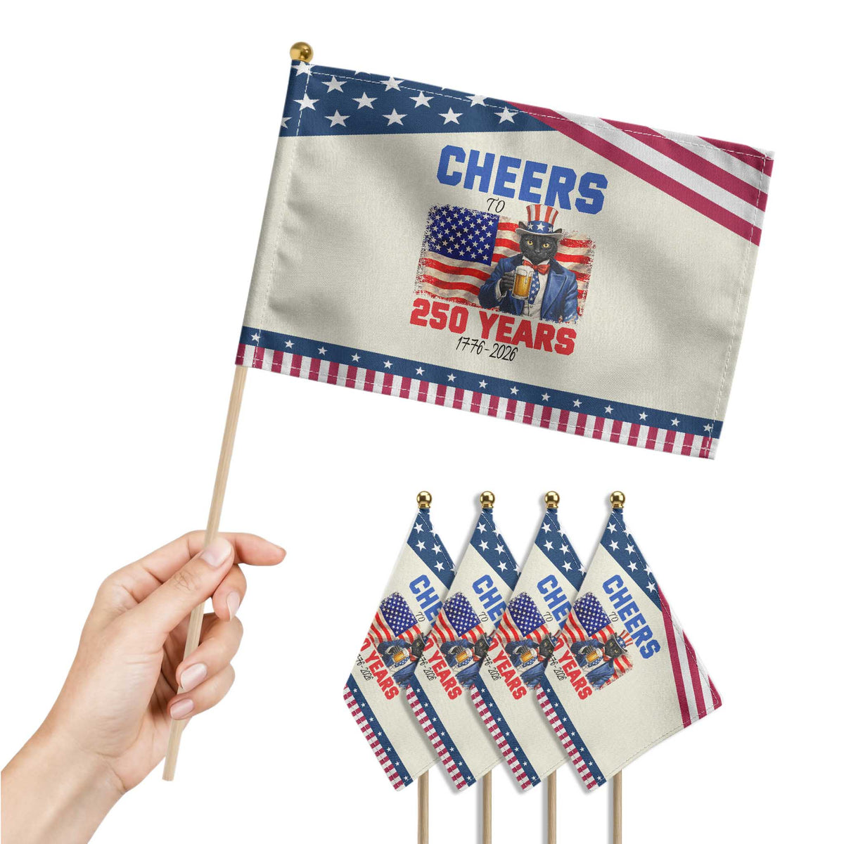 Vintage Cat Uncle Sam Patriotic Handheld Flag Cheers To 250 Years