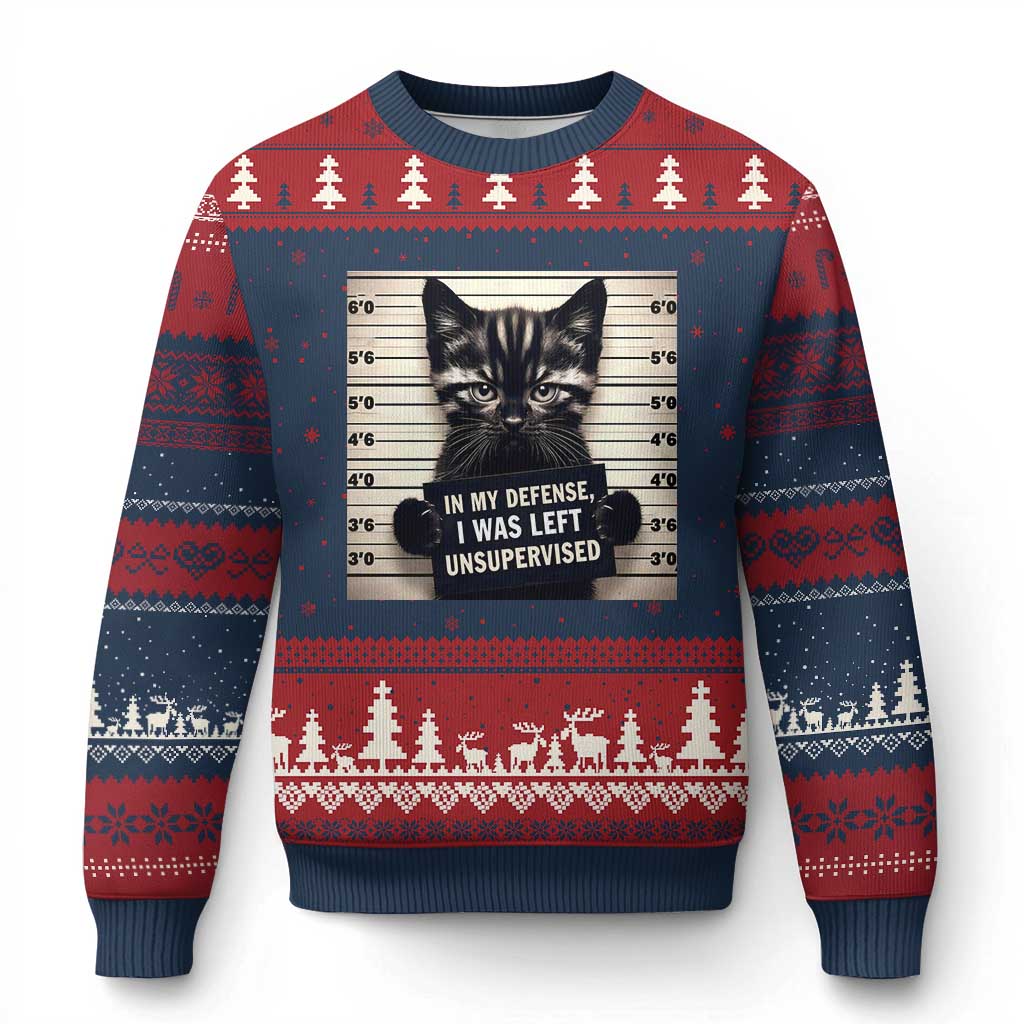 Funny Bad Cat Attitude Ugly Christmas Sweater In My Defense I Was Left Unsupervised