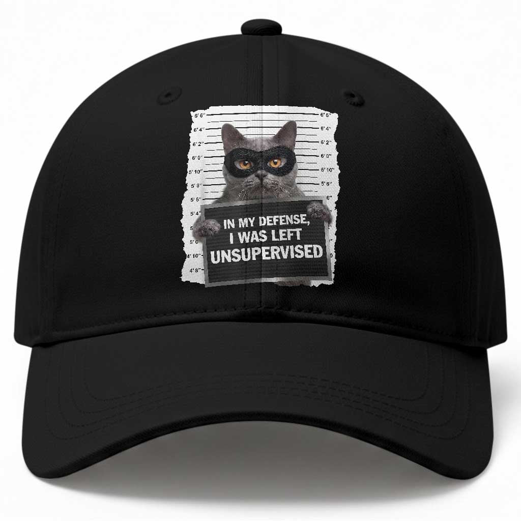 Funny Cat Mugshot Baseball Cap In My Defense I Was Left Unsupervised