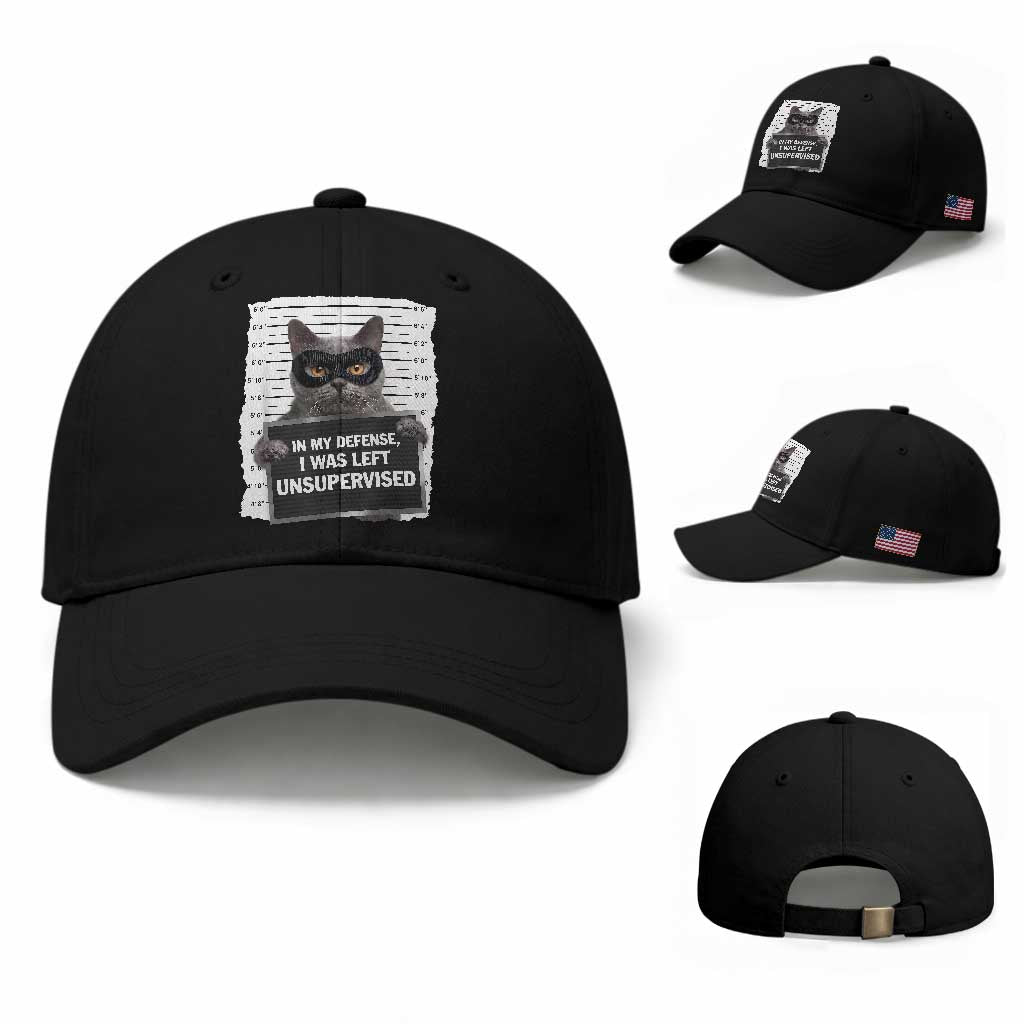 Funny Cat Mugshot Baseball Cap In My Defense I Was Left Unsupervised