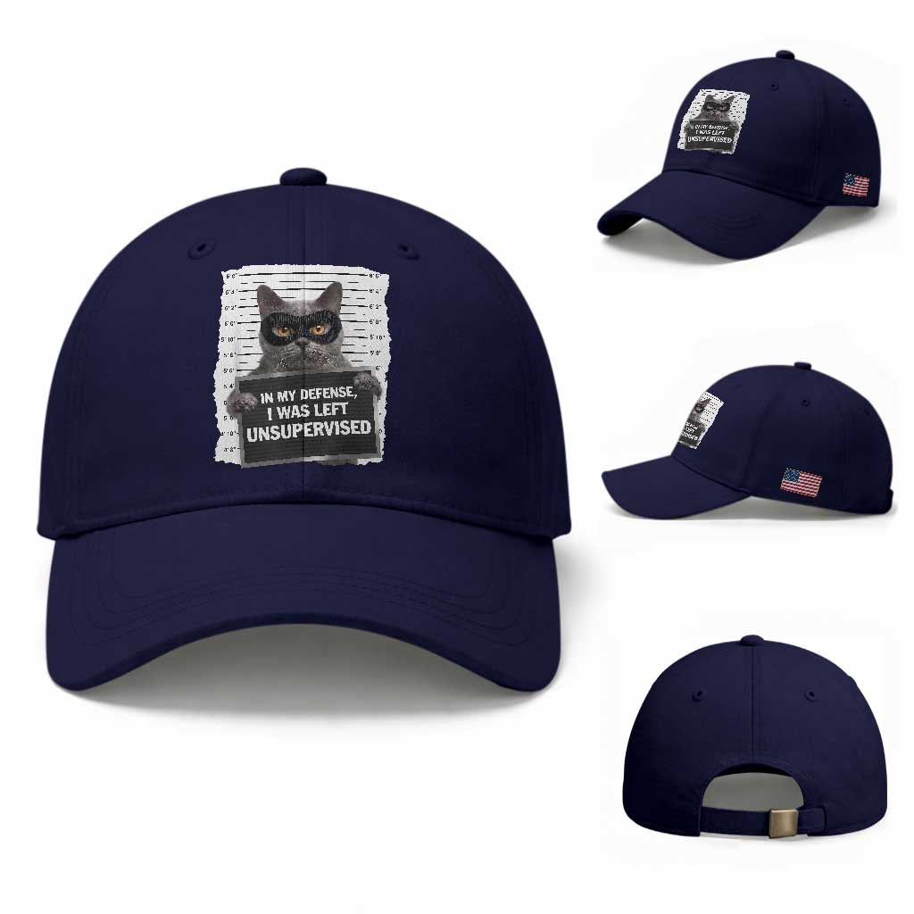 Funny Cat Mugshot Baseball Cap In My Defense I Was Left Unsupervised