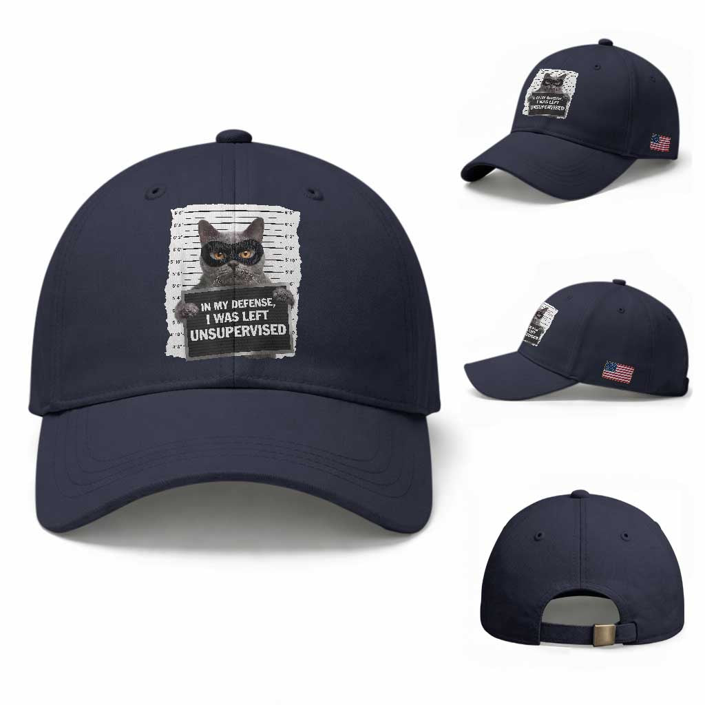 Funny Cat Mugshot Baseball Cap In My Defense I Was Left Unsupervised