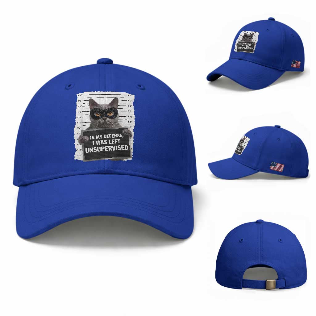 Funny Cat Mugshot Baseball Cap In My Defense I Was Left Unsupervised