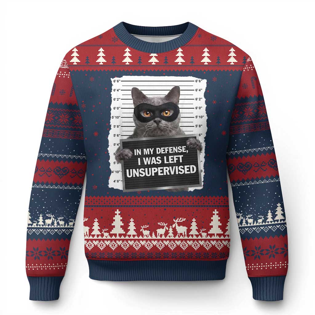 Funny Cat Mugshot Ugly Christmas Sweater In My Defense I Was Left Unsupervised